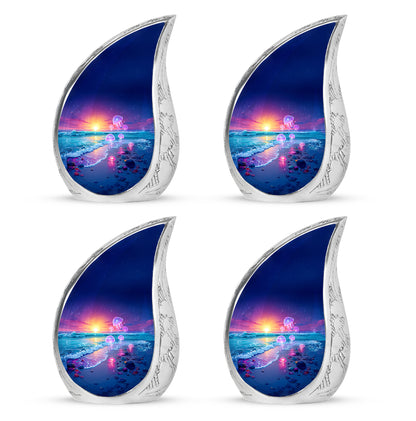 Sapphire Blue Beach Cremation Urn close-up of engraving and surface detail - graceful tear-shaped urn with beach motif - 10 inch aluminum urn for cremated remains