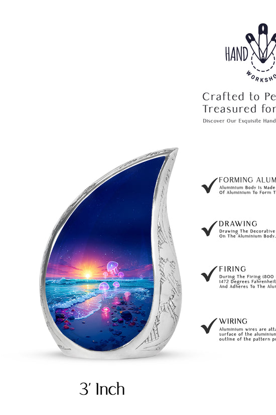 Soft Blue Beach Cremation Urn angled view of lid and engraved motif - smooth teardrop contour featuring beach art - mini keepsake memorial for portion of cremation ashes