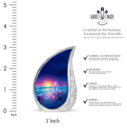 Soft Blue Beach Cremation Urn angled view of lid and engraved motif - smooth teardrop contour featuring beach art - mini keepsake memorial for portion of cremation ashes