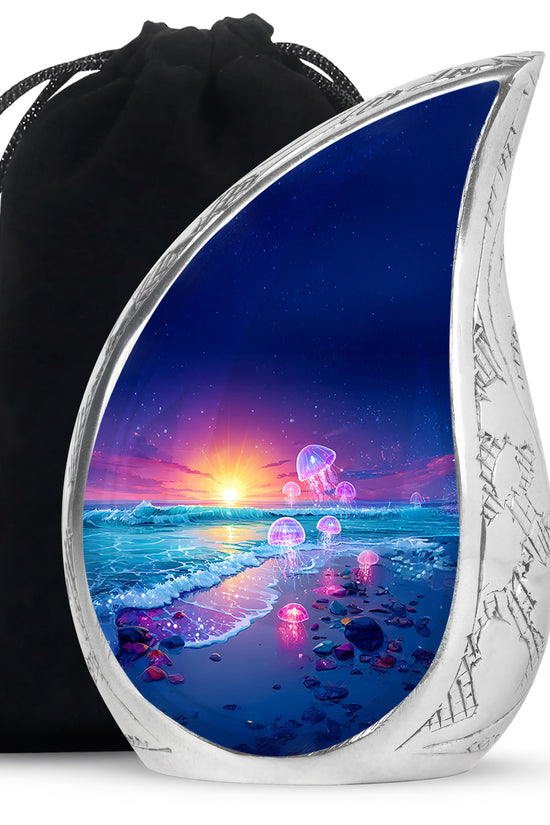 Royal Blue Beach Cremation Urn front view showing detailed design - smooth teardrop contour featuring beach art - full-size 10 inch 200 cubic inch adult cremation urn