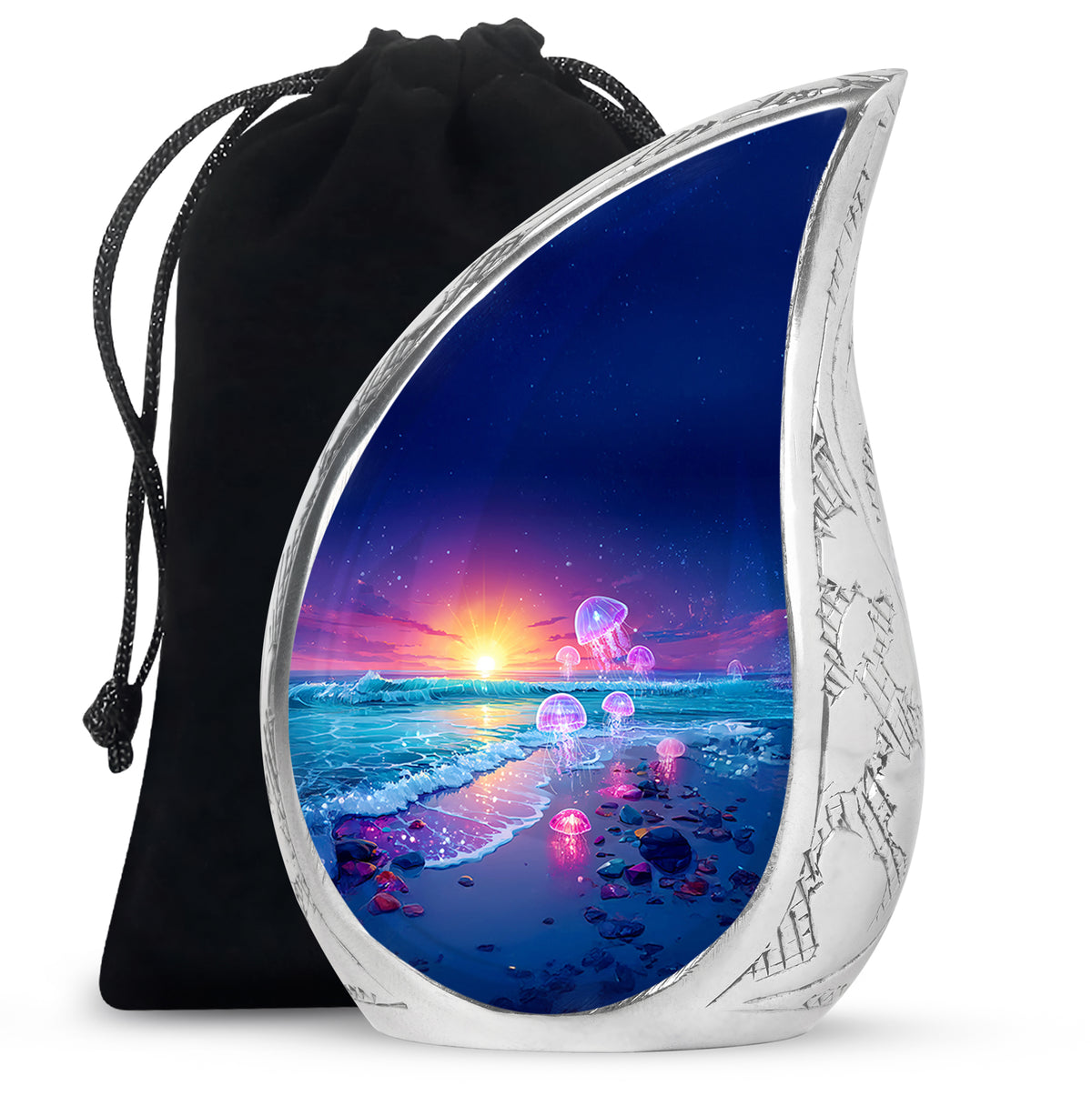 Royal Blue Beach Cremation Urn front view showing detailed design - smooth teardrop contour featuring beach art - full-size 10 inch 200 cubic inch adult cremation urn