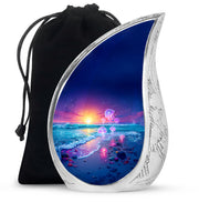 Royal Blue Beach Cremation Urn front view showing detailed design - smooth teardrop contour featuring beach art - full-size 10 inch 200 cubic inch adult cremation urn