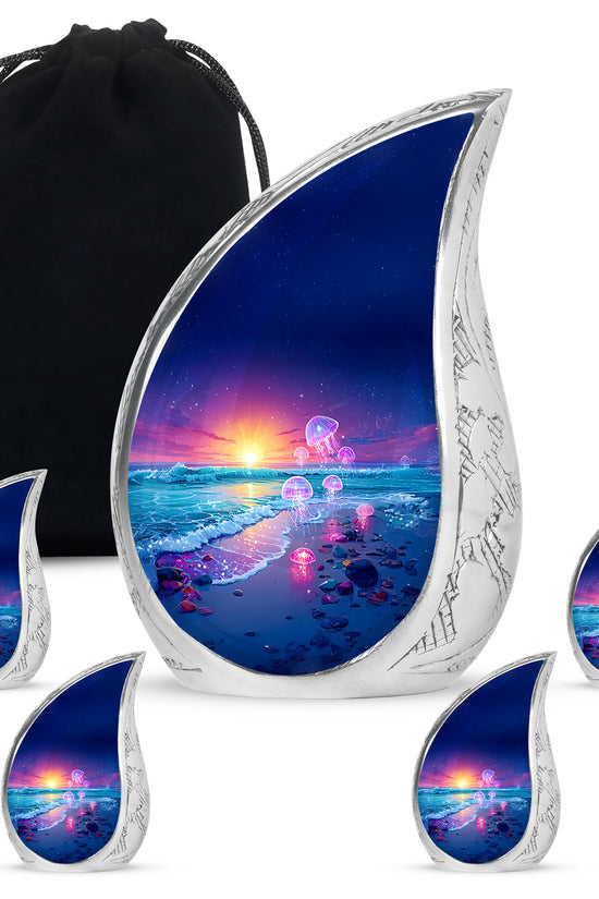 Cornflower Blue Beach Cremation Urn side profile showing urn shape - smooth teardrop contour featuring beach art - memorial set with one large and four small urns