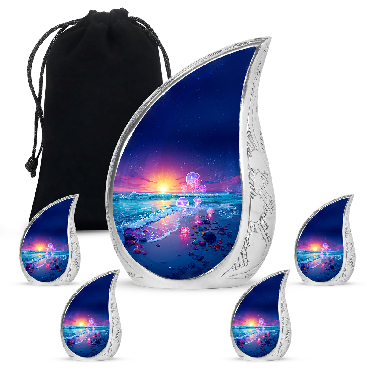 Cornflower Blue Beach Cremation Urn side profile showing urn shape - smooth teardrop contour featuring beach art - memorial set with one large and four small urns