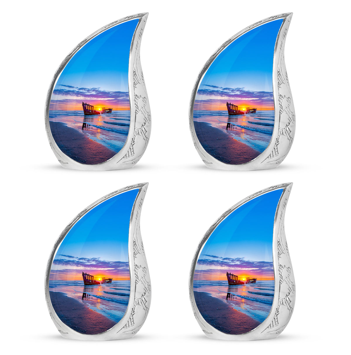 Royal Blue Beach Cremation Urn close-up of engraving and surface detail - graceful tear-shaped urn with beach motif - 10 inch aluminum urn for cremated remains