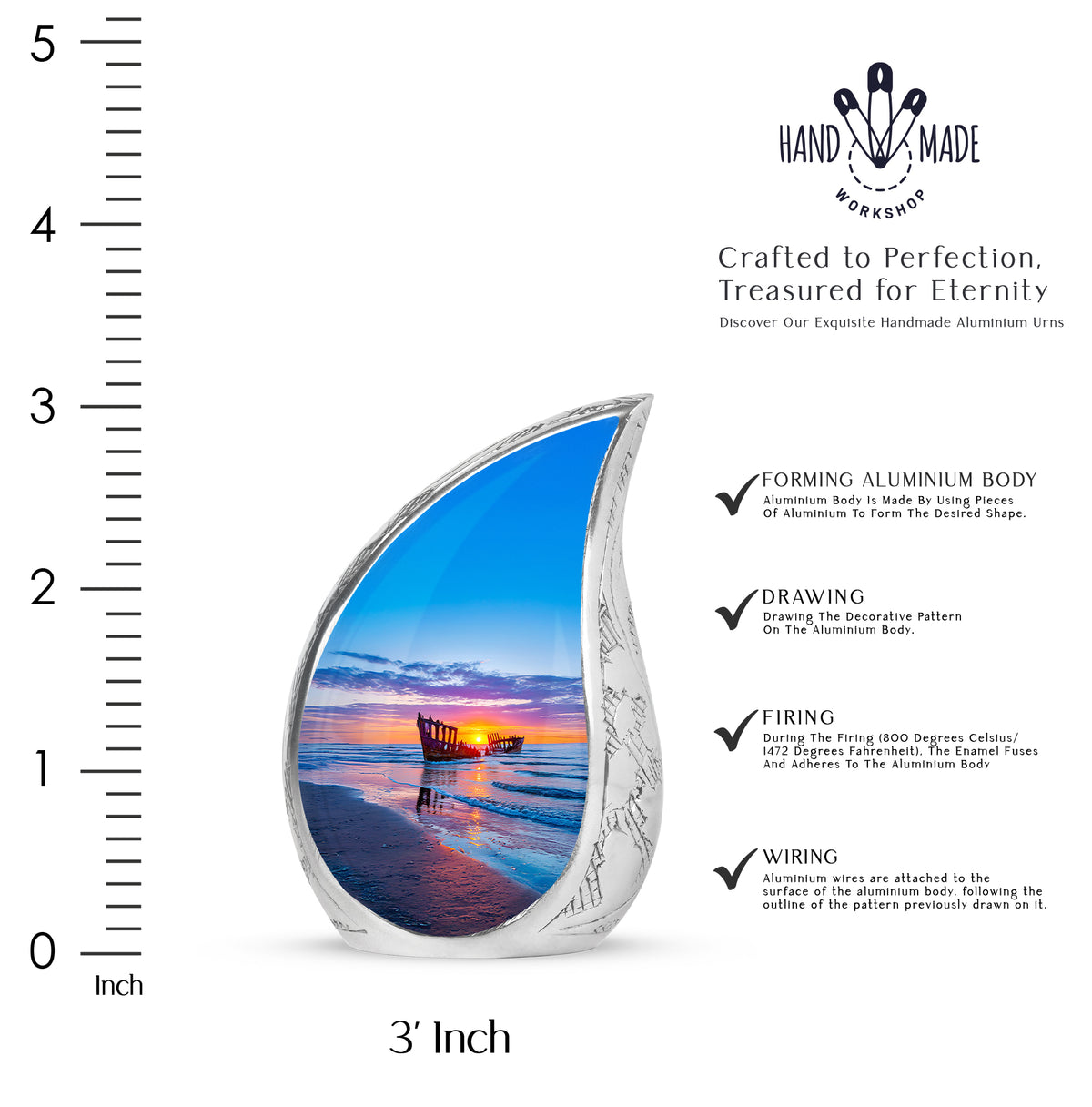 Celestial Blue Beach Cremation Urn angled view of lid and engraved motif - flowing teardrop beach silhouette on curved aluminum - mini keepsake memorial for portion of cremation ashes