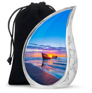 Icy Blue Beach Cremation Urn front view showing detailed design - rounded teardrop beach design with delicate detail - full-size 10 inch 200 cubic inch adult cremation urn