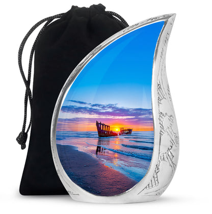 Icy Blue Beach Cremation Urn front view showing detailed design - rounded teardrop beach design with delicate detail - full-size 10 inch 200 cubic inch adult cremation urn