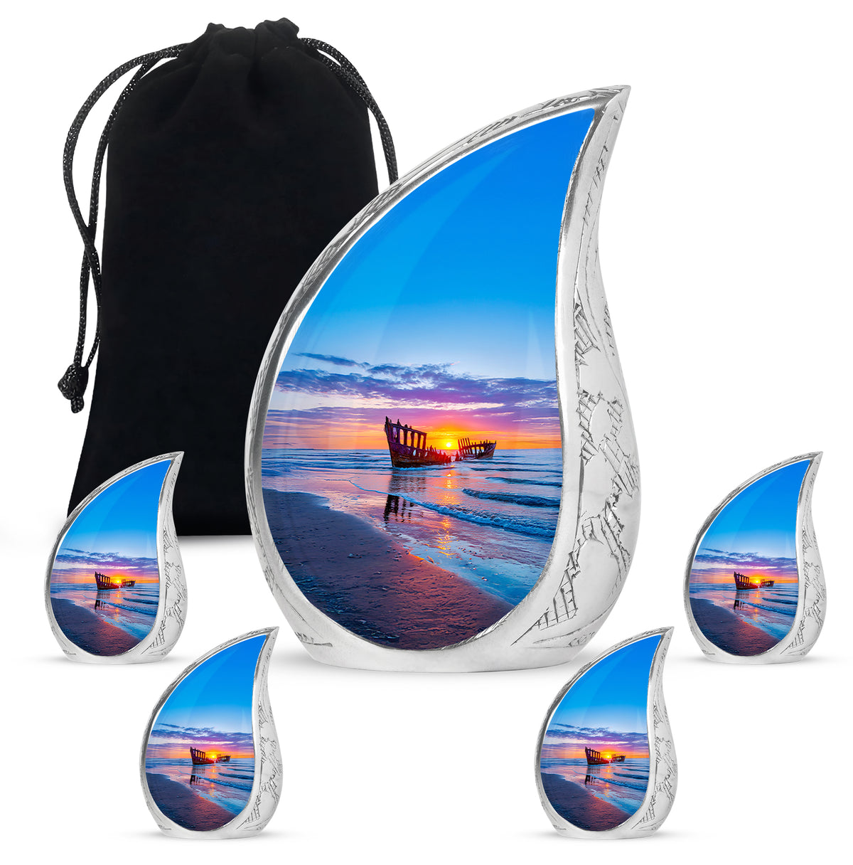 Twilight Blue Beach Cremation Urn side profile showing urn shape - graceful tear-shaped urn with beach motif - memorial set with one large and four small urns
