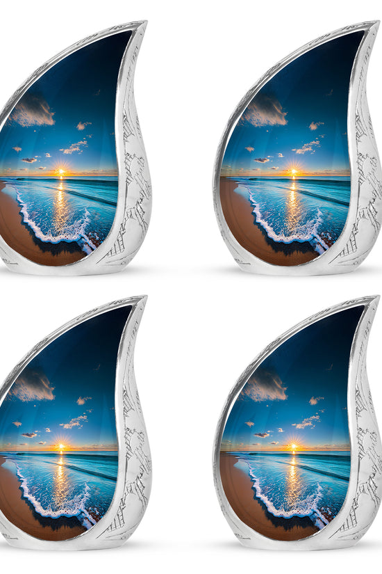 Cobalt Blue Beach Cremation Urn close-up of engraving and surface detail - smooth teardrop contour featuring beach art - 10 inch aluminum urn for cremated remains