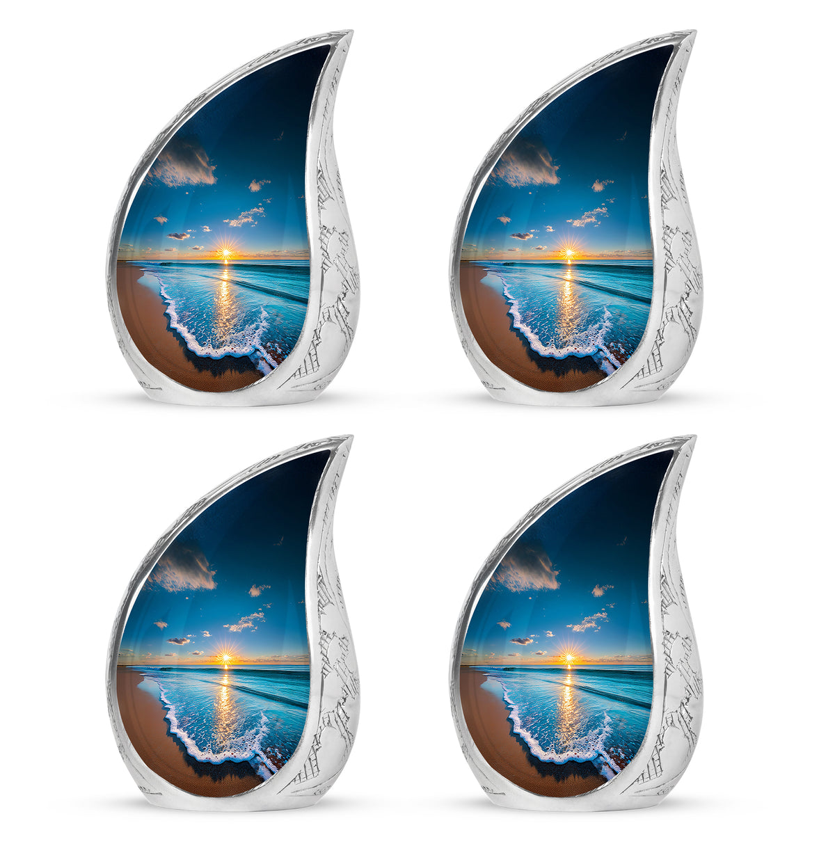 Cobalt Blue Beach Cremation Urn close-up of engraving and surface detail - smooth teardrop contour featuring beach art - 10 inch aluminum urn for cremated remains