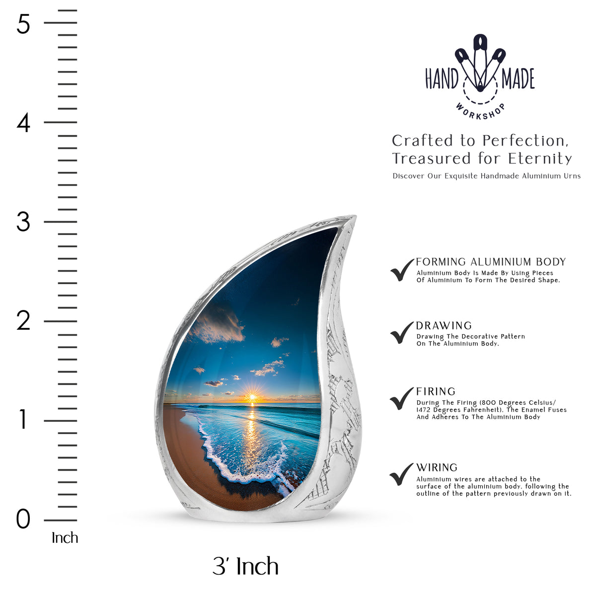 Sapphire Blue Beach Cremation Urn angled view of lid and engraved motif - graceful tear-shaped urn with beach motif - mini keepsake memorial for portion of cremation ashes