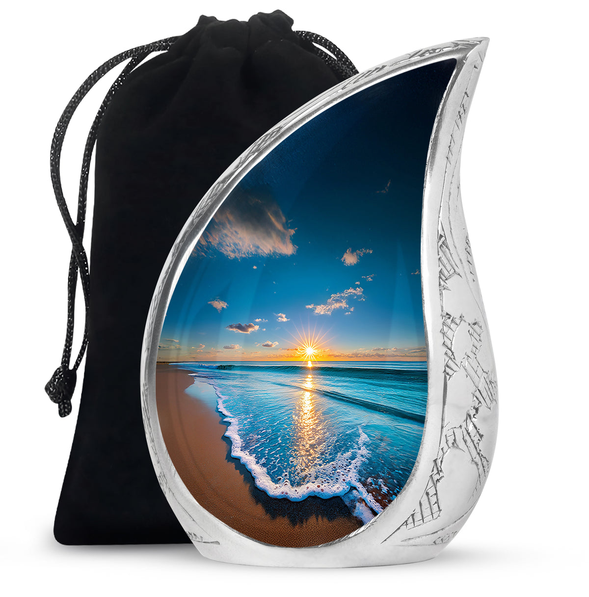 Navy Blue Beach Cremation Urn front view showing detailed design - flowing teardrop beach silhouette on curved aluminum - full-size 10 inch 200 cubic inch adult cremation urn