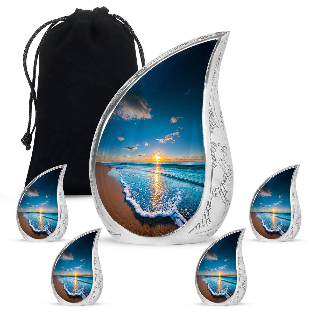 Misty Blue Beach Cremation Urn side profile showing urn shape - flowing teardrop beach silhouette on curved aluminum - memorial set with one large and four small urns