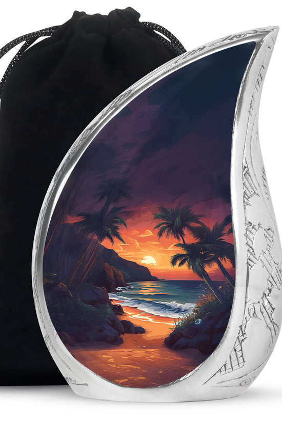 Beach Sunset Cremation Urn - Palm Tree Beach Funeral Urn For Loved Ones