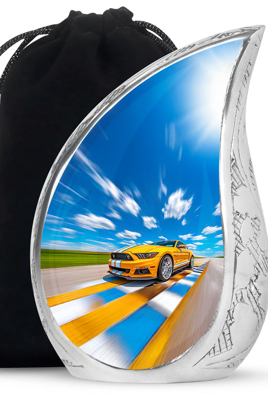 Yellow Sports Car Cremation Urn - Racing Track Memorial Urn For Adult Ashes