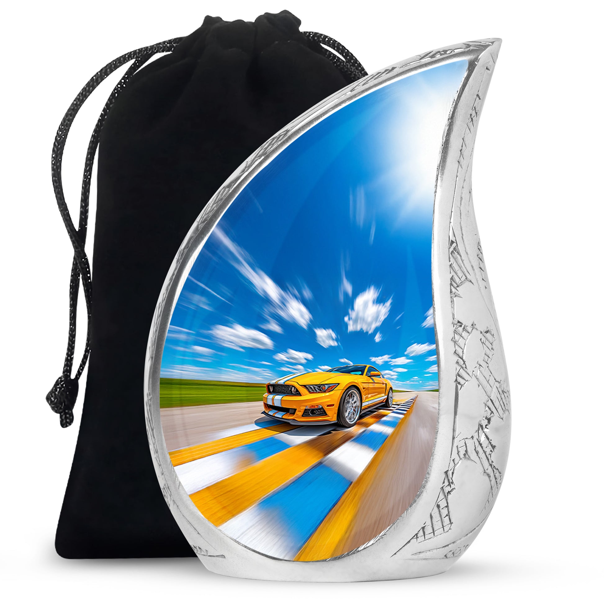 Yellow Sports Car Cremation Urn - Racing Track Memorial Urn For Adult Ashes