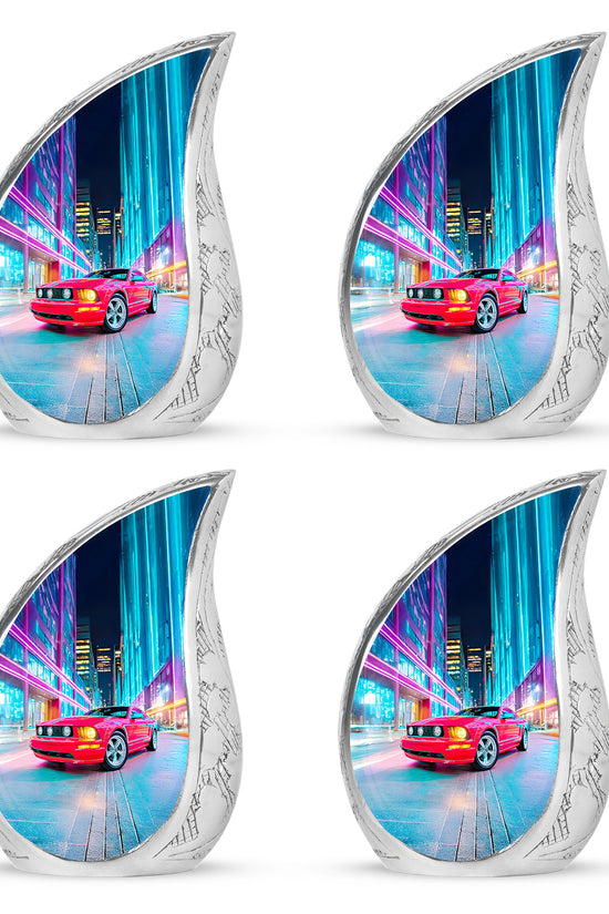 Slate Blue Car Cremation Urn close-up of engraving and surface detail - flowing teardrop car silhouette on curved aluminum - 10 inch aluminum urn for cremated remains