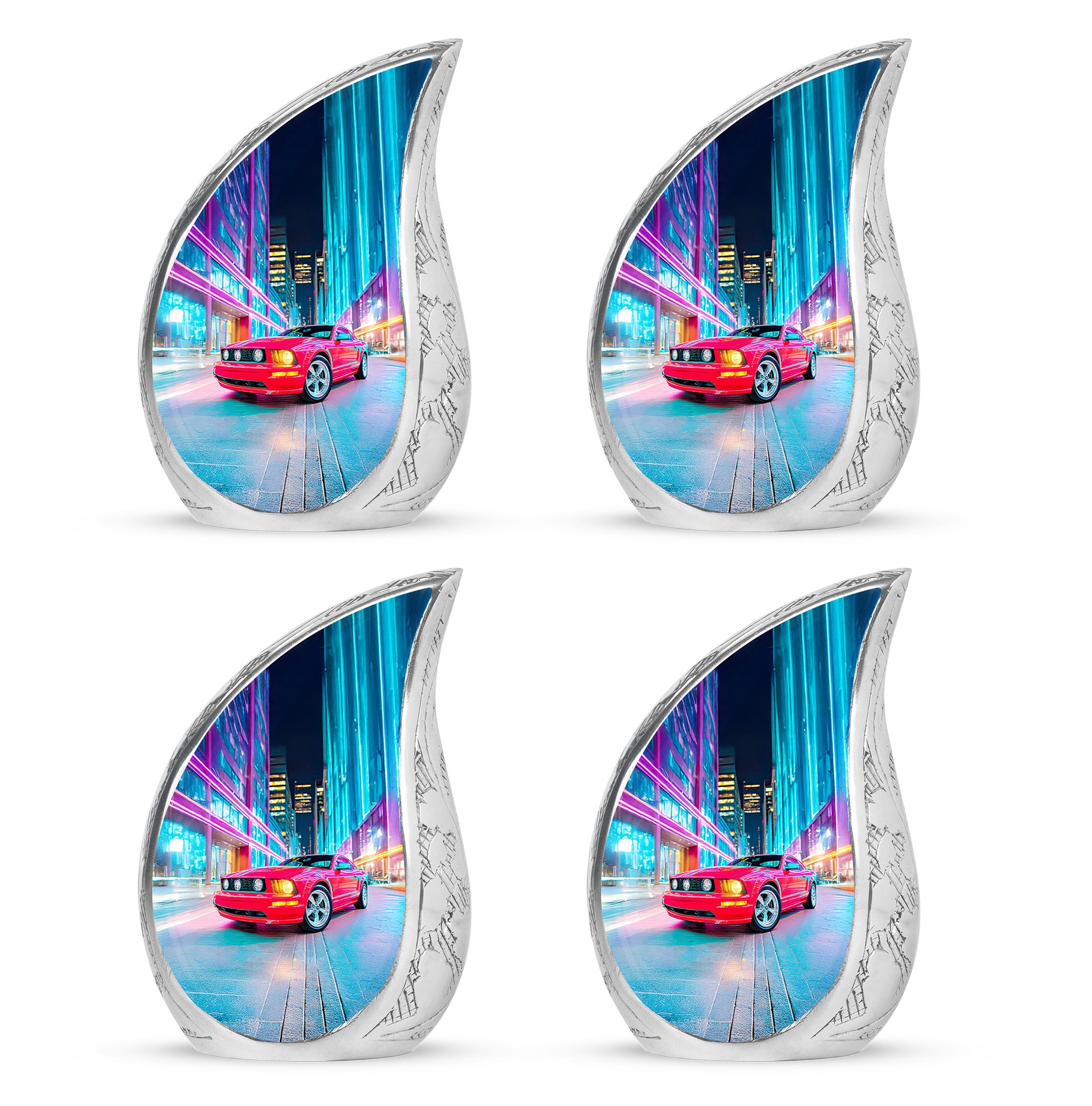 Slate Blue Car Cremation Urn close-up of engraving and surface detail - flowing teardrop car silhouette on curved aluminum - 10 inch aluminum urn for cremated remains