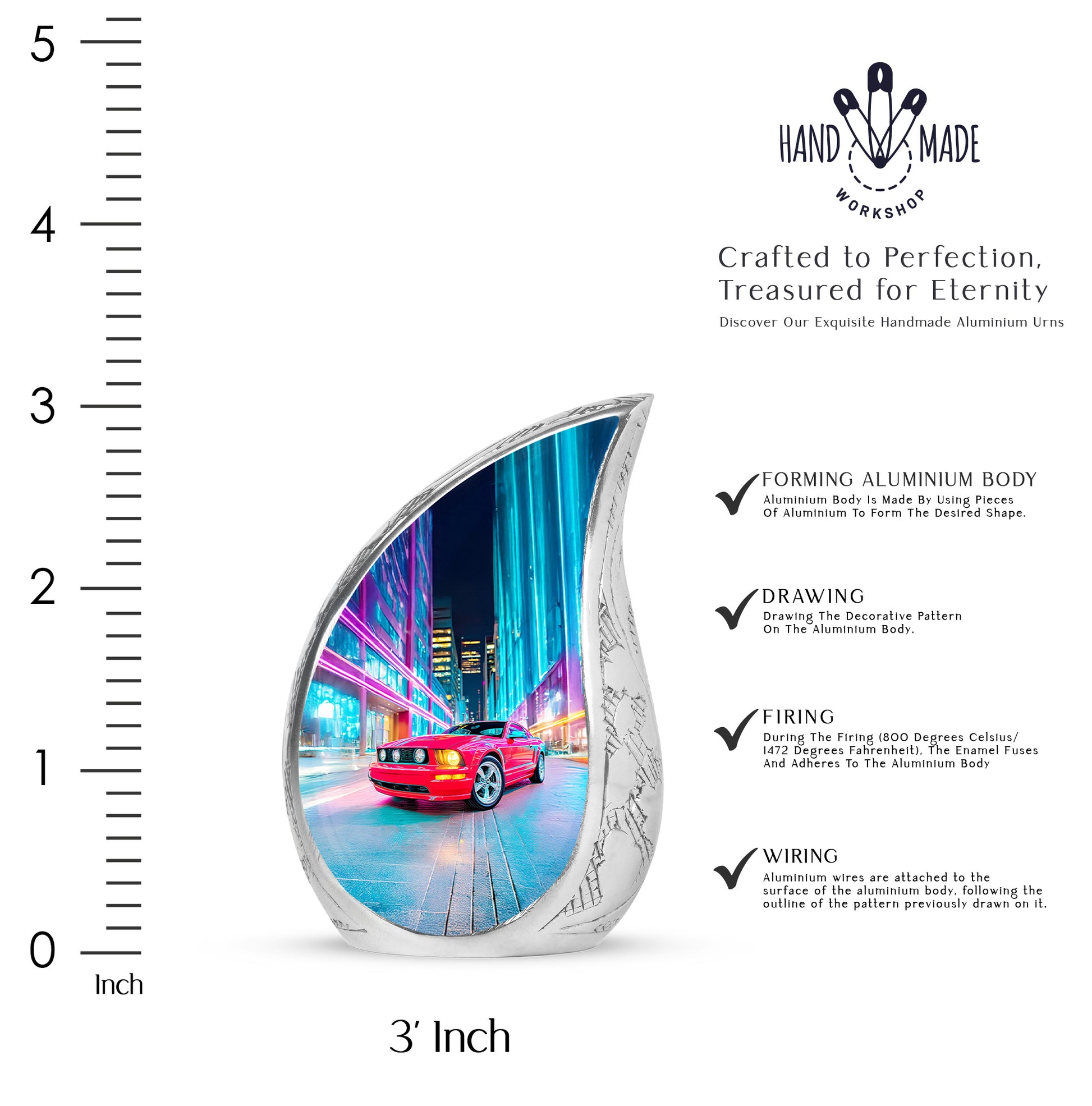 Pastel Blue Car Cremation Urn angled view of lid and engraved motif - flowing teardrop car silhouette on curved aluminum - mini keepsake memorial for portion of cremation ashes