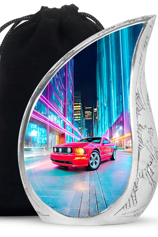 Cobalt Blue Car Cremation Urn front view showing detailed design - smooth teardrop contour featuring car art - full-size 10 inch 200 cubic inch adult cremation urn