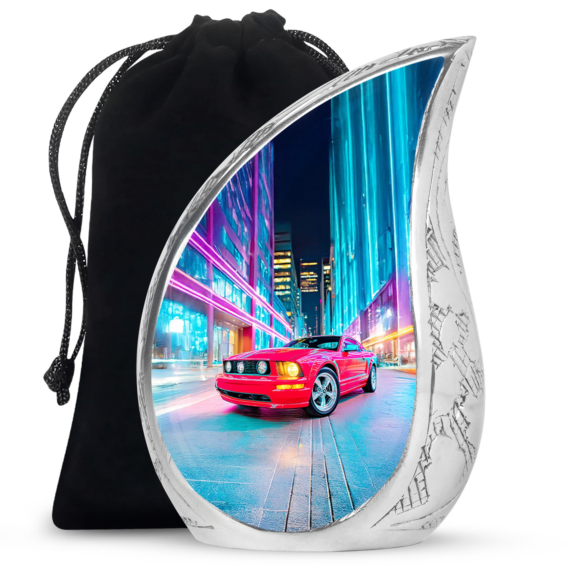 Cobalt Blue Car Cremation Urn front view showing detailed design - smooth teardrop contour featuring car art - full-size 10 inch 200 cubic inch adult cremation urn