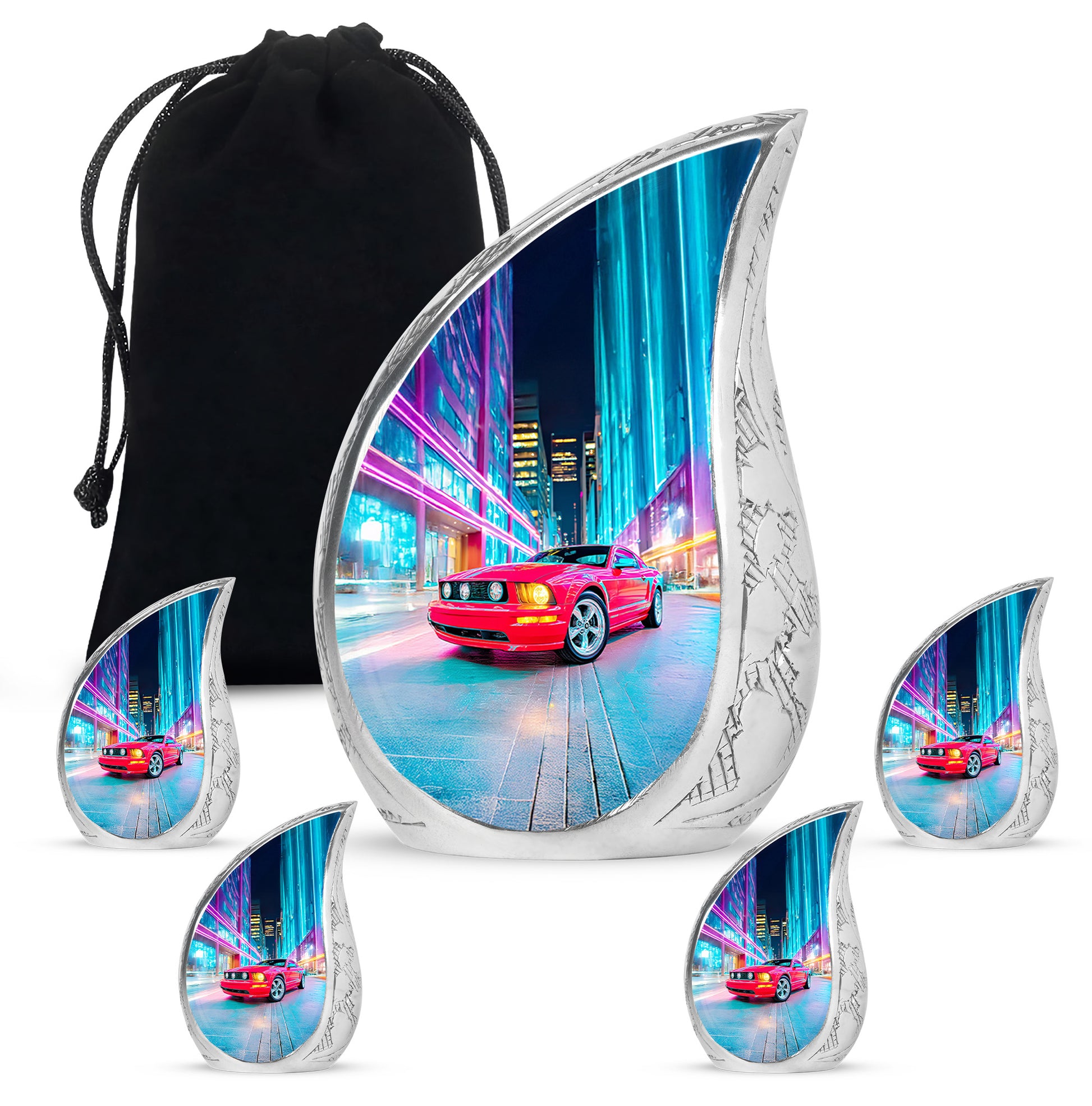 Azure Car Cremation Urn side profile showing urn shape - flowing teardrop car silhouette on curved aluminum - memorial set with one large and four small urns