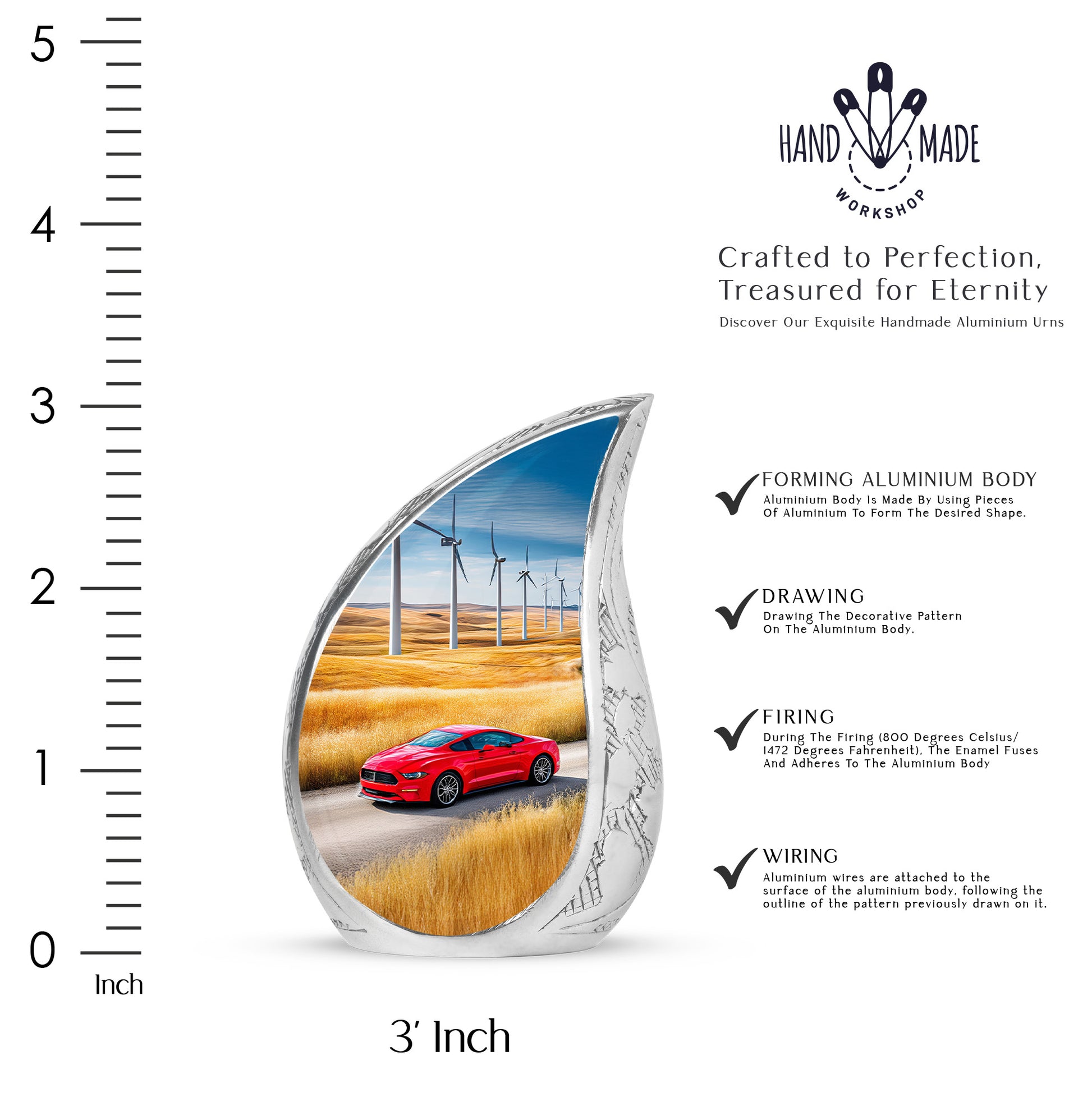 Powder Blue Car Cremation Urn angled view of lid and engraved motif - rounded teardrop car design with delicate detail - mini keepsake memorial for portion of cremation ashes