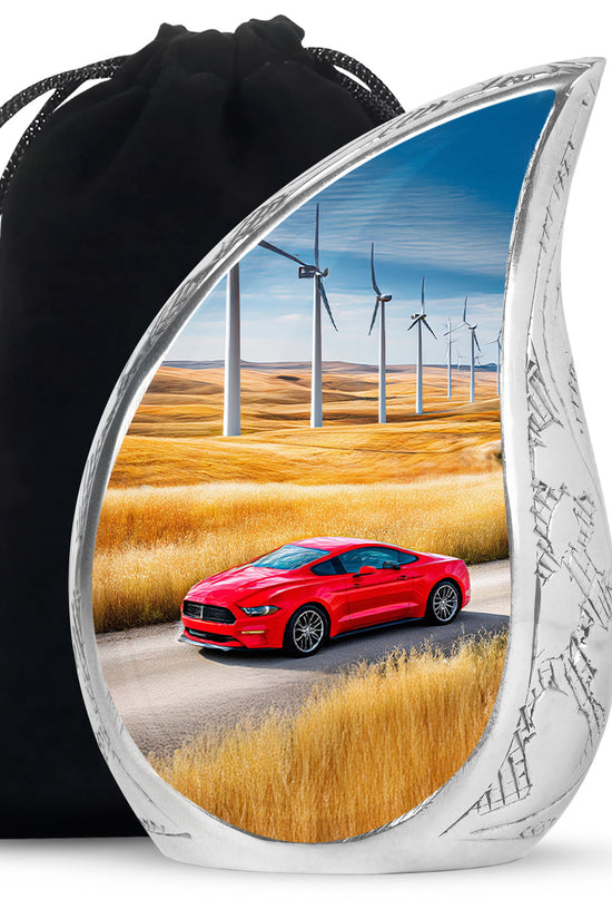 Steel Blue Car Cremation Urn front view showing detailed design - smooth teardrop contour featuring car art - full-size 10 inch 200 cubic inch adult cremation urn