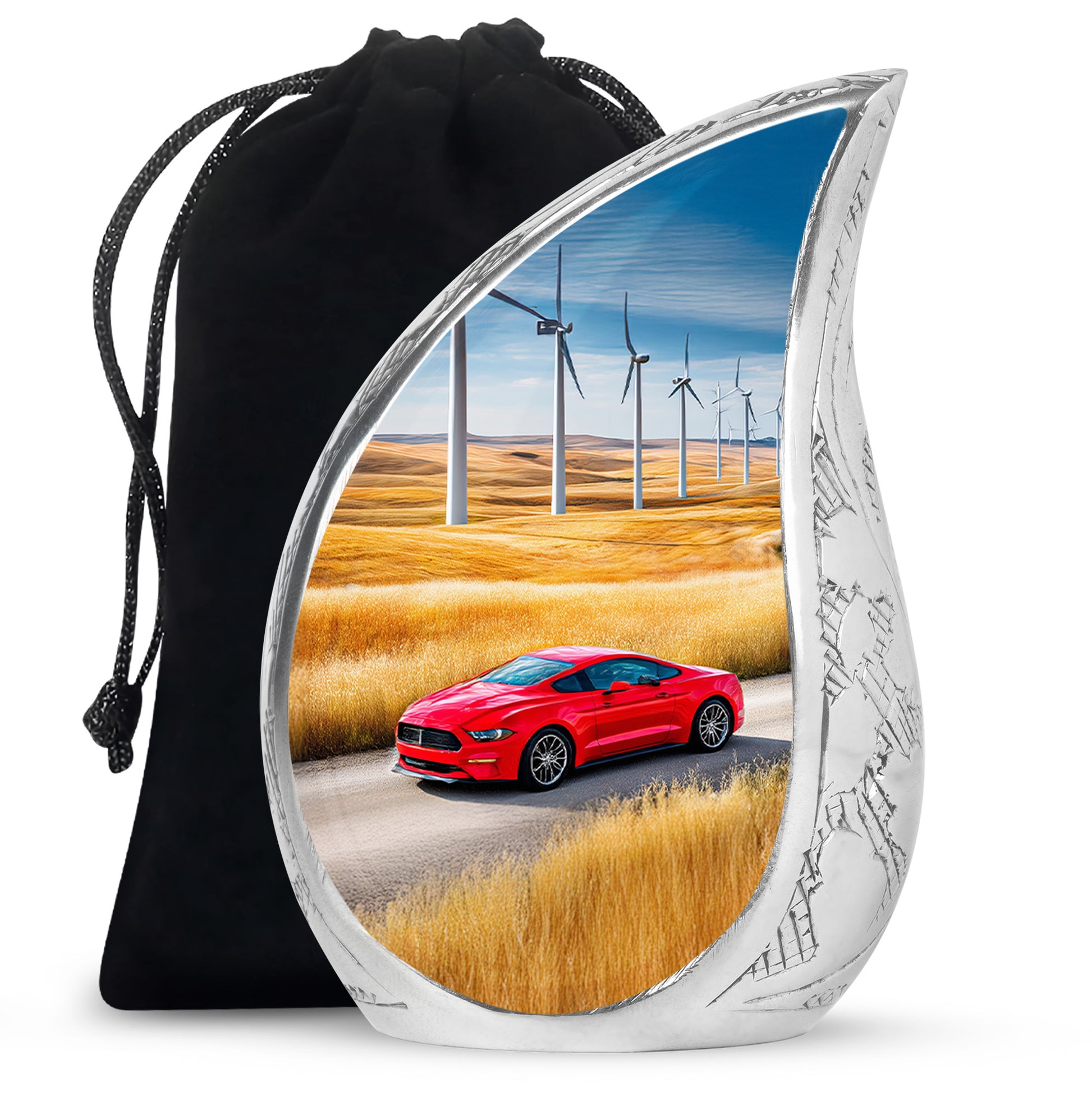 Steel Blue Car Cremation Urn front view showing detailed design - smooth teardrop contour featuring car art - full-size 10 inch 200 cubic inch adult cremation urn