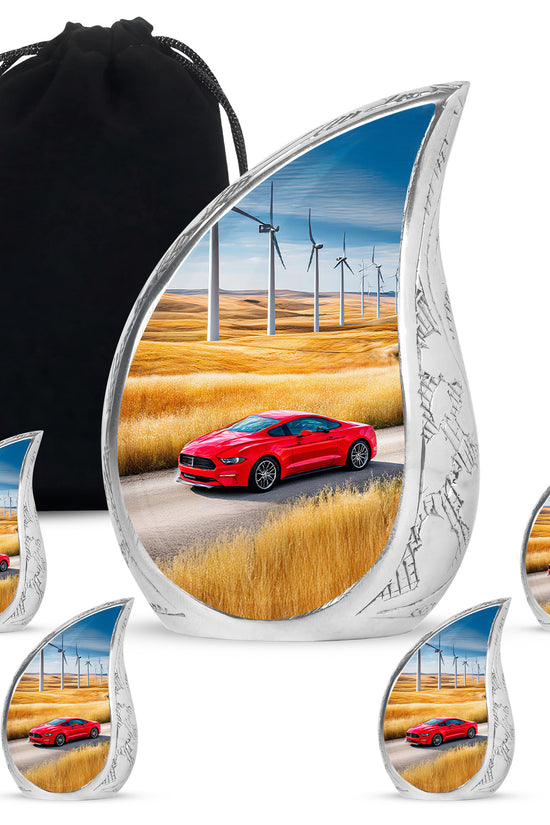 Royal Blue Car Cremation Urn side profile showing urn shape - graceful tear-shaped urn with car motif - memorial set with one large and four small urns