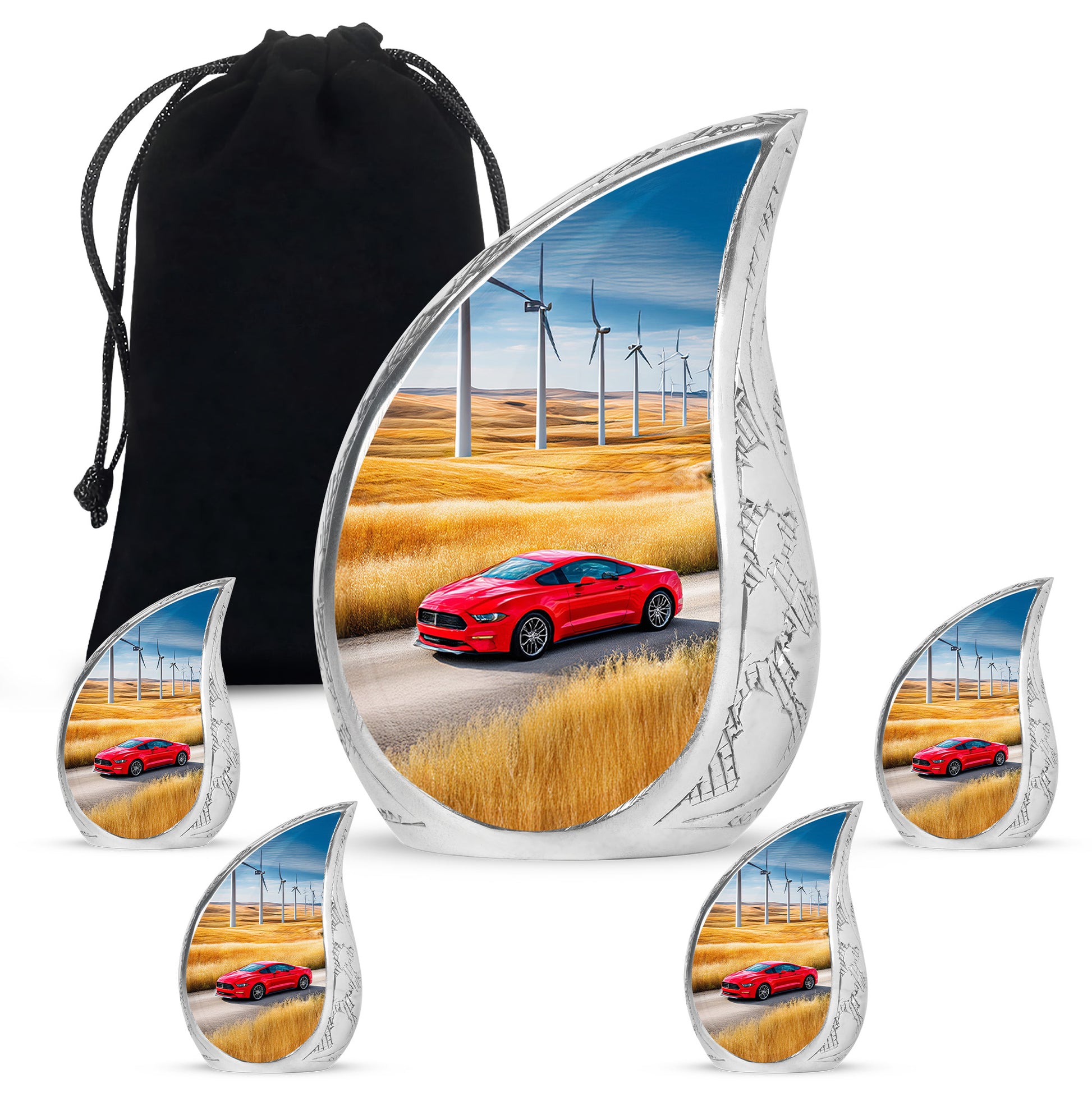 Royal Blue Car Cremation Urn side profile showing urn shape - graceful tear-shaped urn with car motif - memorial set with one large and four small urns