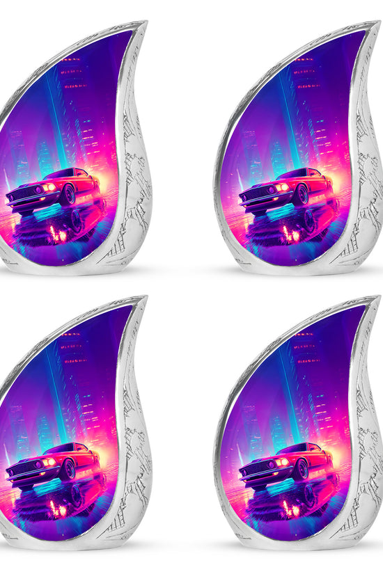 Sky Blue Car Cremation Urn close-up of engraving and surface detail - rounded teardrop car design with delicate detail - 10 inch aluminum urn for cremated remains