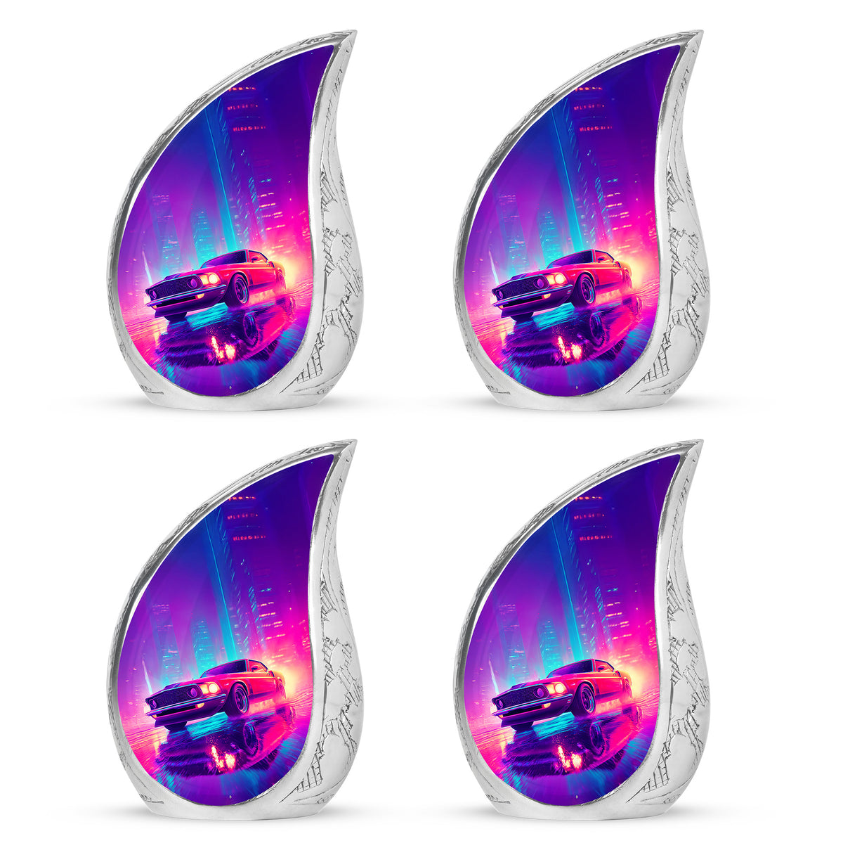 Sky Blue Car Cremation Urn close-up of engraving and surface detail - rounded teardrop car design with delicate detail - 10 inch aluminum urn for cremated remains