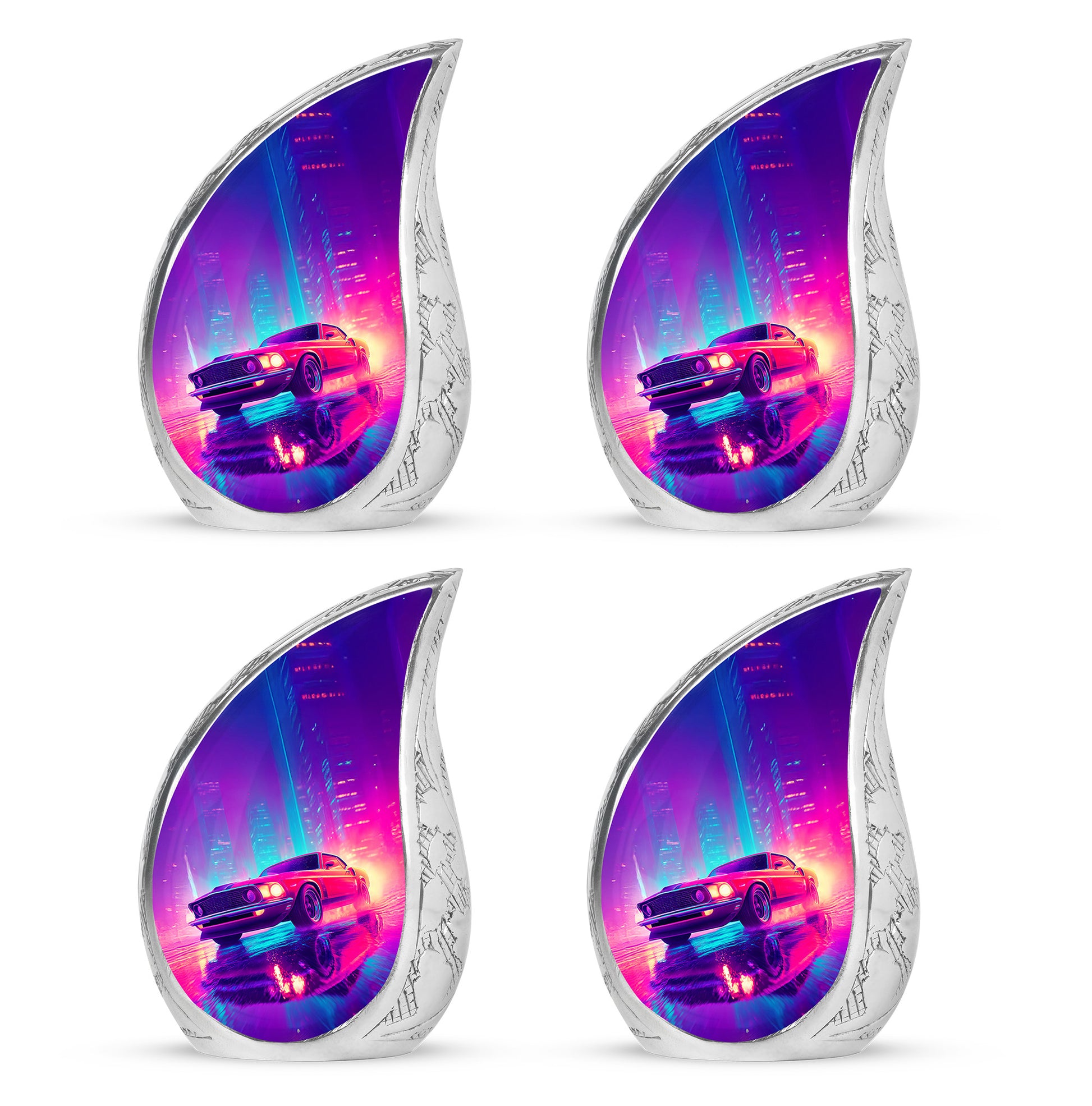 Sky Blue Car Cremation Urn close-up of engraving and surface detail - rounded teardrop car design with delicate detail - 10 inch aluminum urn for cremated remains