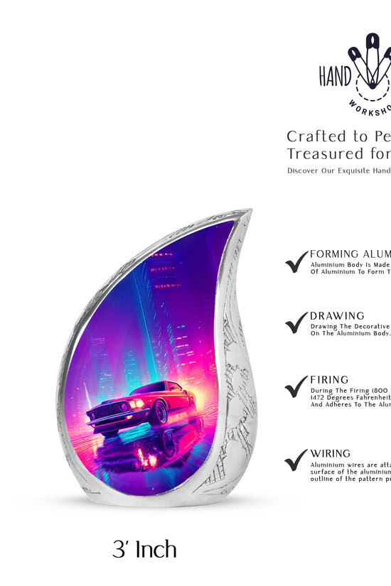 Indigo Car Cremation Urn angled view of lid and engraved motif - flowing teardrop car silhouette on curved aluminum - mini keepsake memorial for portion of cremation ashes