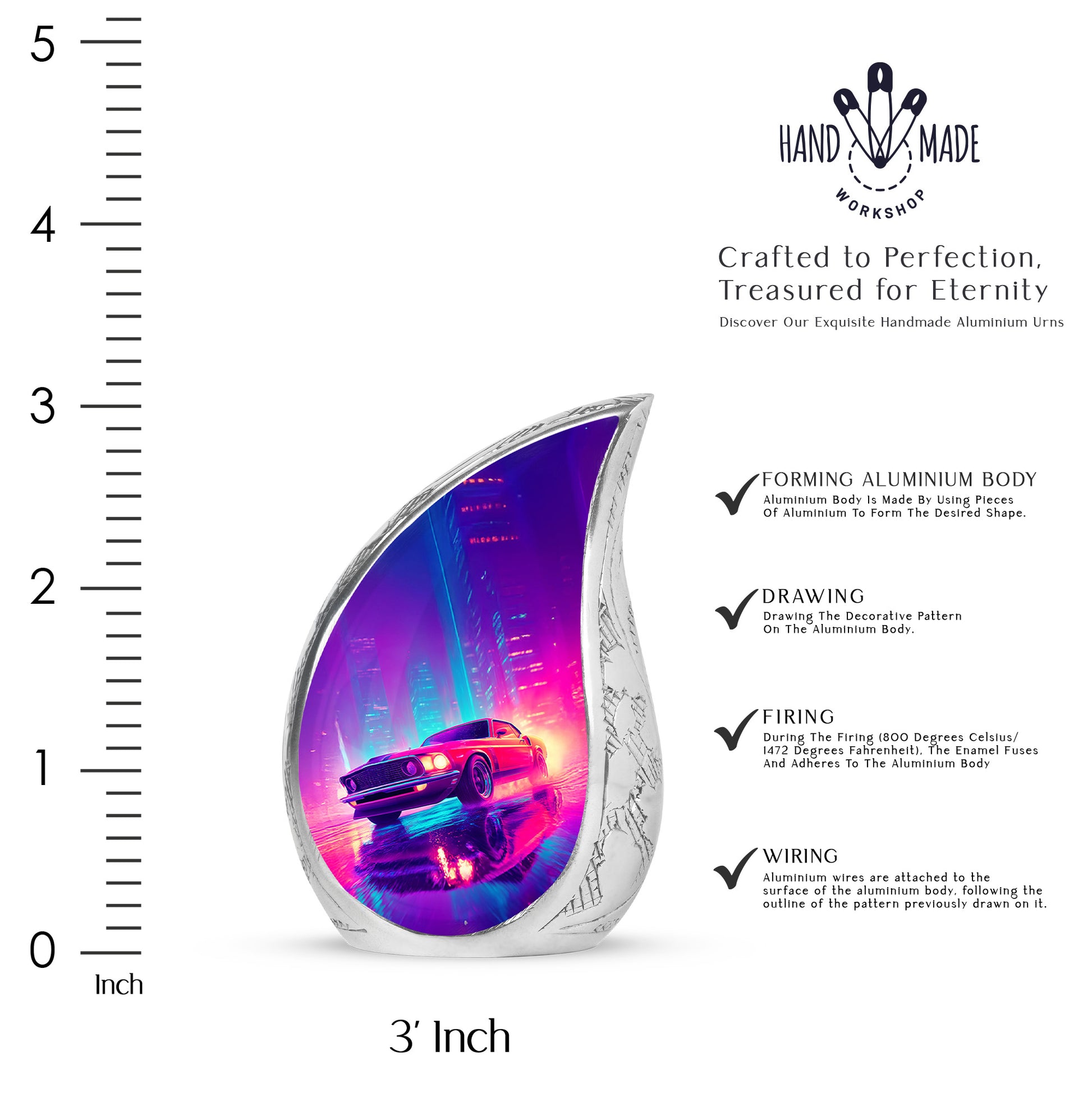 Indigo Car Cremation Urn angled view of lid and engraved motif - flowing teardrop car silhouette on curved aluminum - mini keepsake memorial for portion of cremation ashes