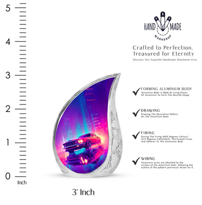Indigo Car Cremation Urn angled view of lid and engraved motif - flowing teardrop car silhouette on curved aluminum - mini keepsake memorial for portion of cremation ashes