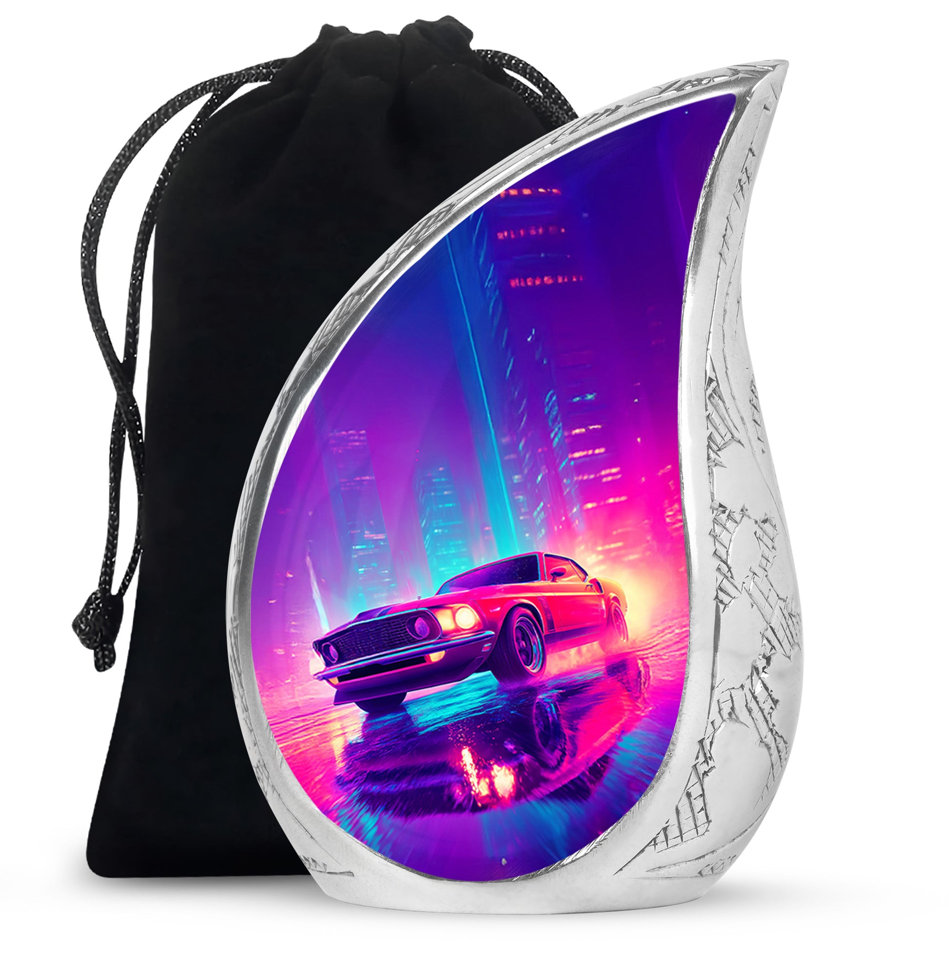 Powder Blue Car Cremation Urn front view showing detailed design - rounded teardrop car design with delicate detail - full-size 10 inch 200 cubic inch adult cremation urn