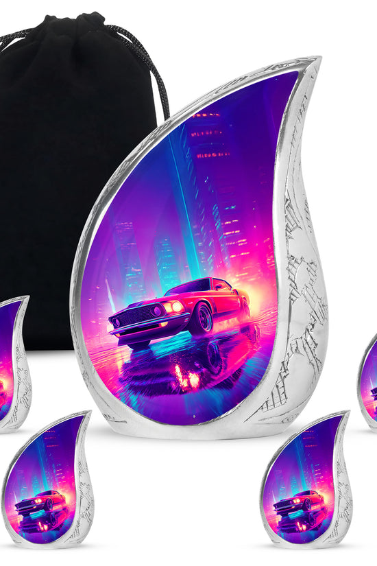 Bright Blue Car Cremation Urn side profile showing urn shape - graceful tear-shaped urn with car motif - memorial set with one large and four small urns