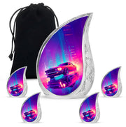 Bright Blue Car Cremation Urn side profile showing urn shape - graceful tear-shaped urn with car motif - memorial set with one large and four small urns