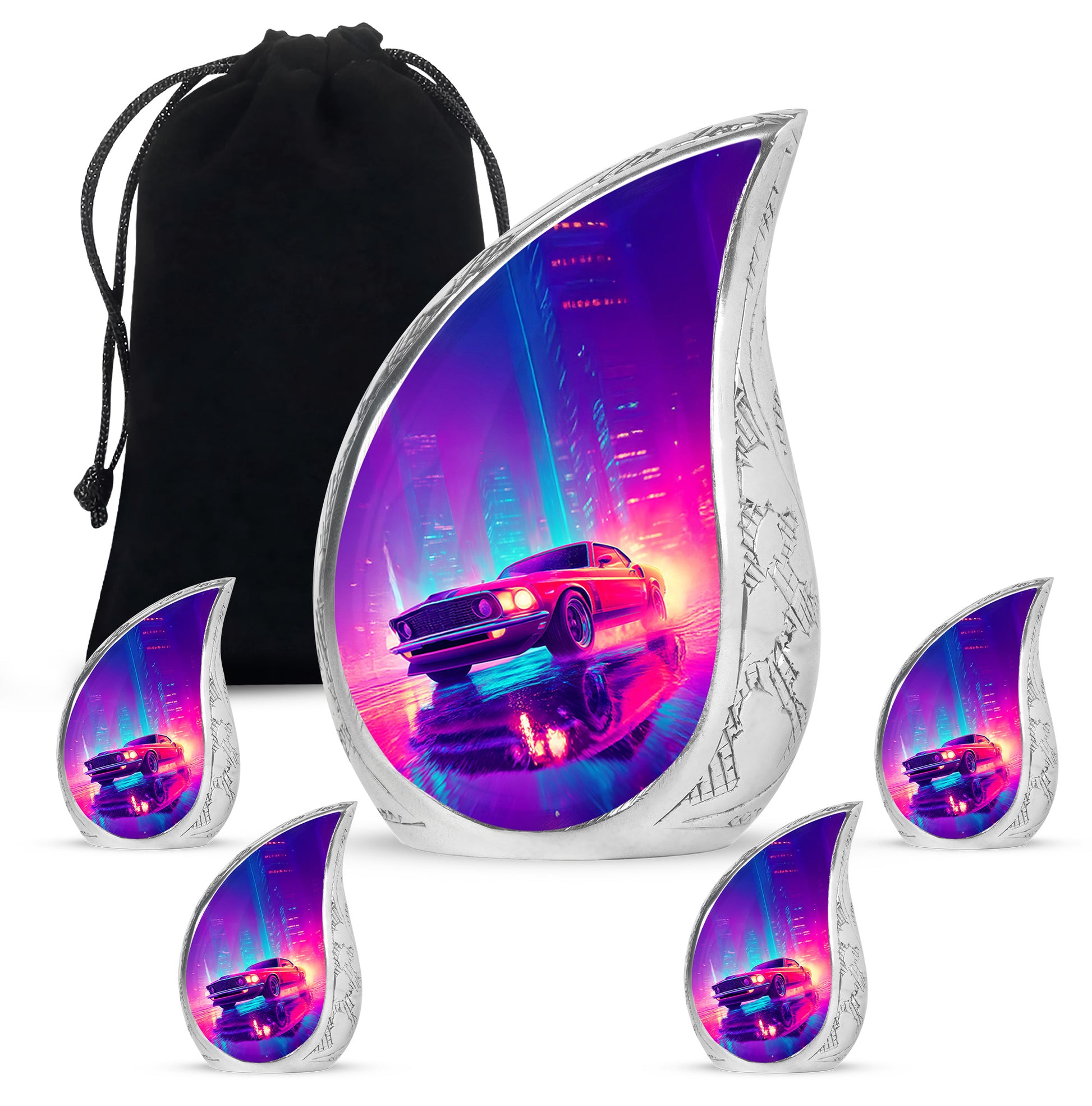 Bright Blue Car Cremation Urn side profile showing urn shape - graceful tear-shaped urn with car motif - memorial set with one large and four small urns