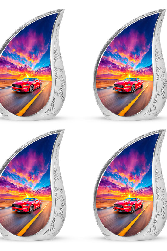 Celestial Blue Car Cremation Urn close-up of engraving and surface detail - flowing teardrop car silhouette on curved aluminum - 10 inch aluminum urn for cremated remains