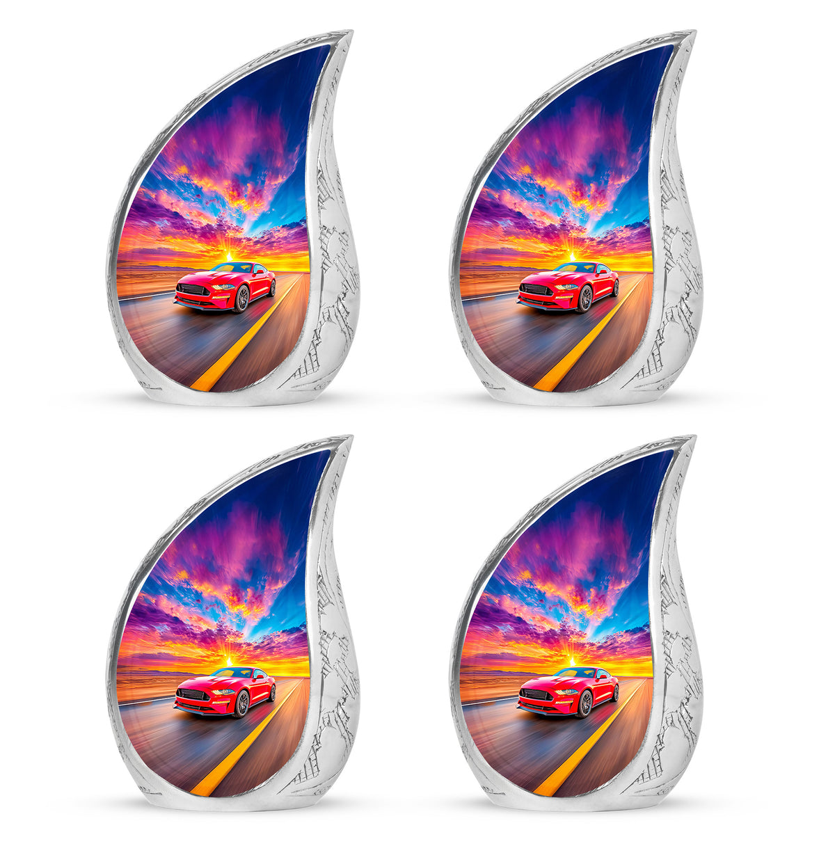 Celestial Blue Car Cremation Urn close-up of engraving and surface detail - flowing teardrop car silhouette on curved aluminum - 10 inch aluminum urn for cremated remains