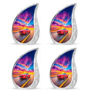 Celestial Blue Car Cremation Urn close-up of engraving and surface detail - flowing teardrop car silhouette on curved aluminum - 10 inch aluminum urn for cremated remains