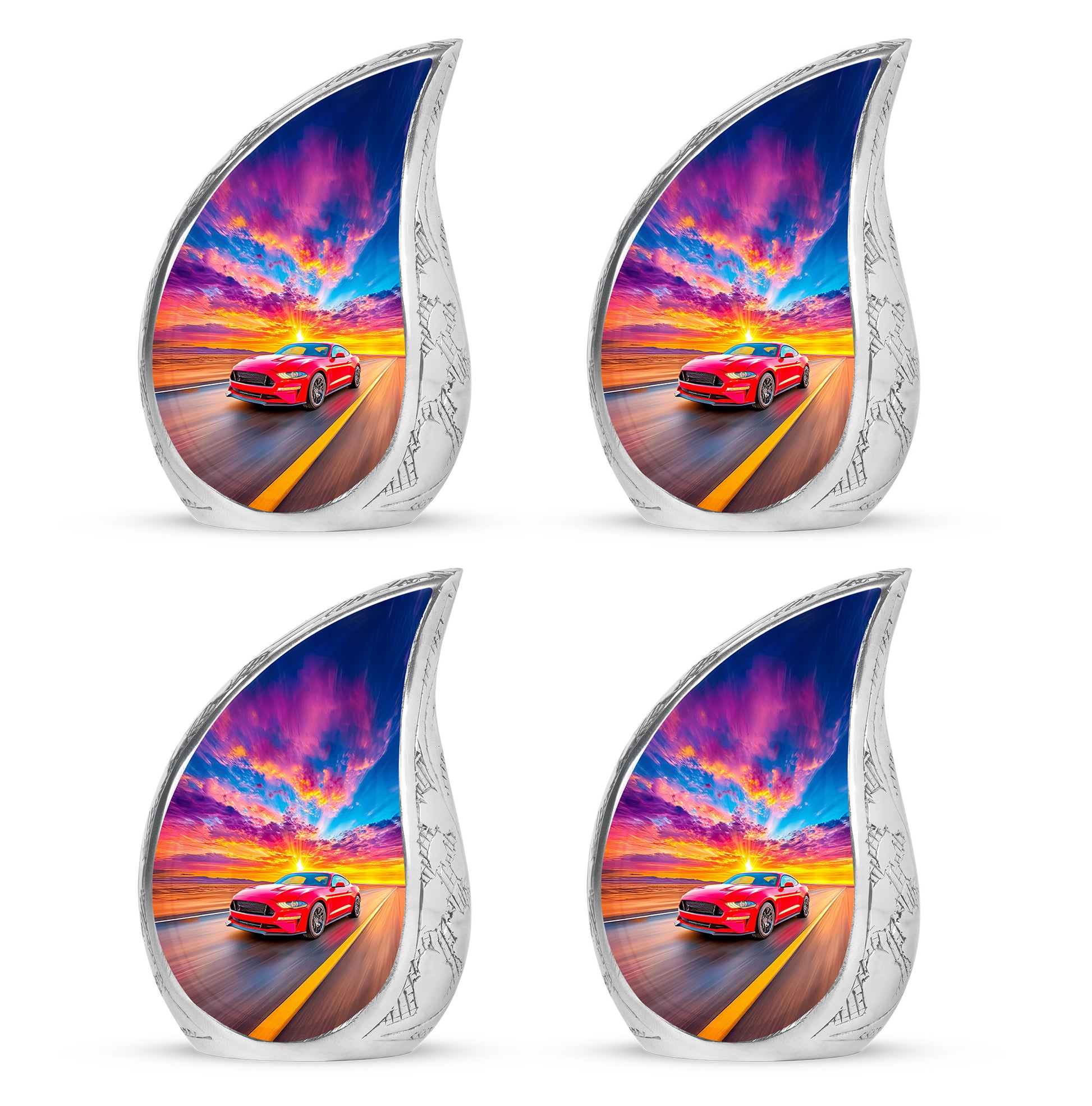 Celestial Blue Car Cremation Urn close-up of engraving and surface detail - flowing teardrop car silhouette on curved aluminum - 10 inch aluminum urn for cremated remains