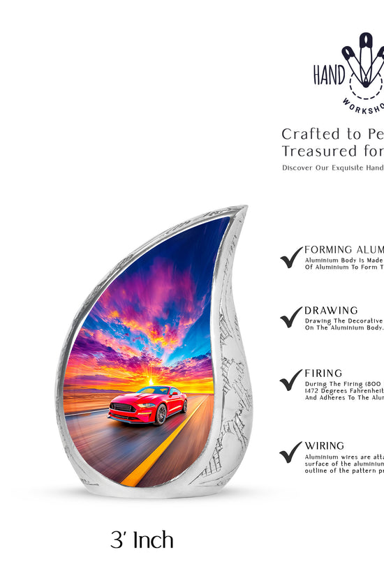 Azure Car Cremation Urn angled view of lid and engraved motif - rounded teardrop car design with delicate detail - mini keepsake memorial for portion of cremation ashes