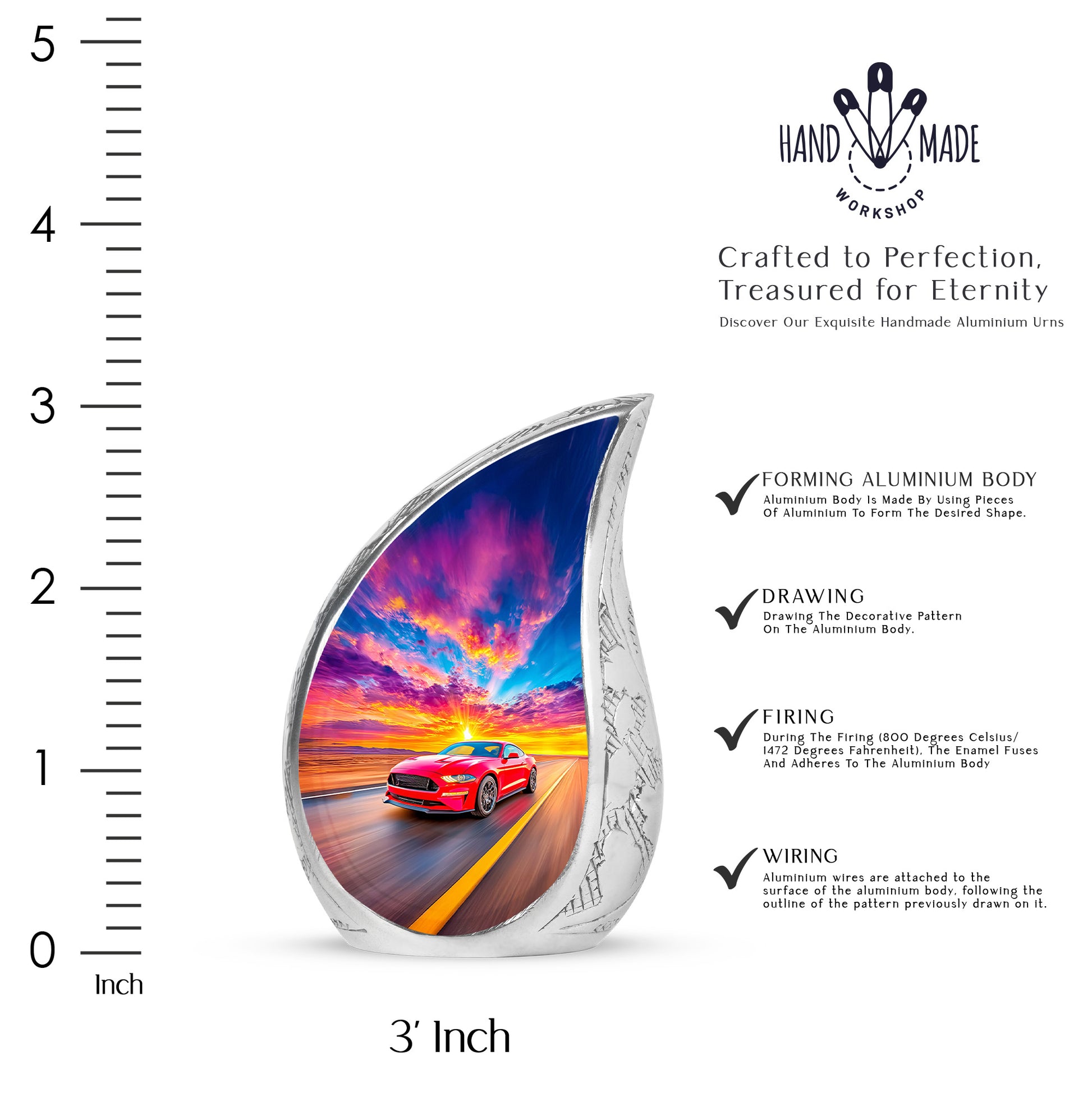 Azure Car Cremation Urn angled view of lid and engraved motif - rounded teardrop car design with delicate detail - mini keepsake memorial for portion of cremation ashes