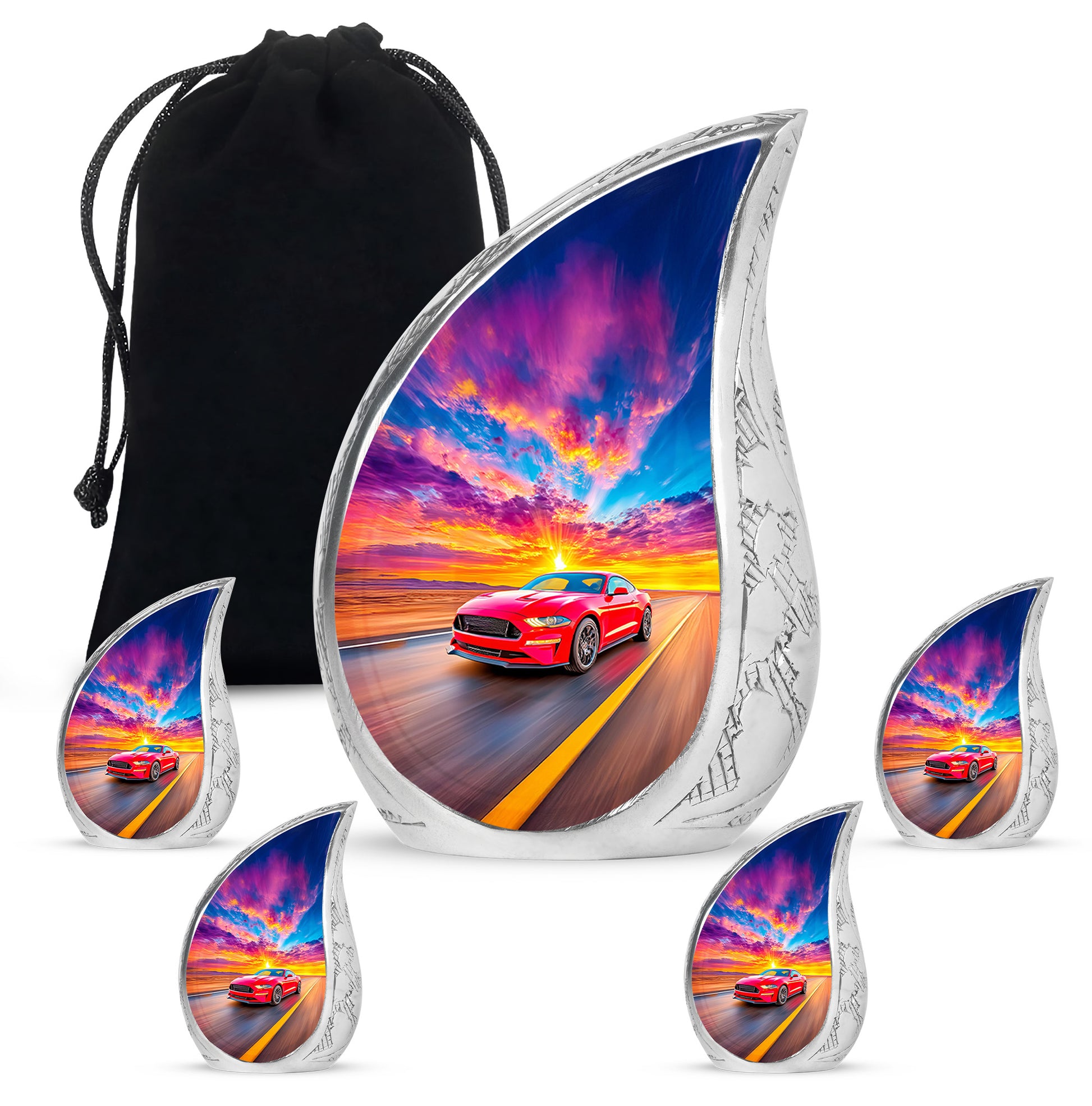Misty Blue Car Cremation Urn side profile showing urn shape - flowing teardrop car silhouette on curved aluminum - memorial set with one large and four small urns