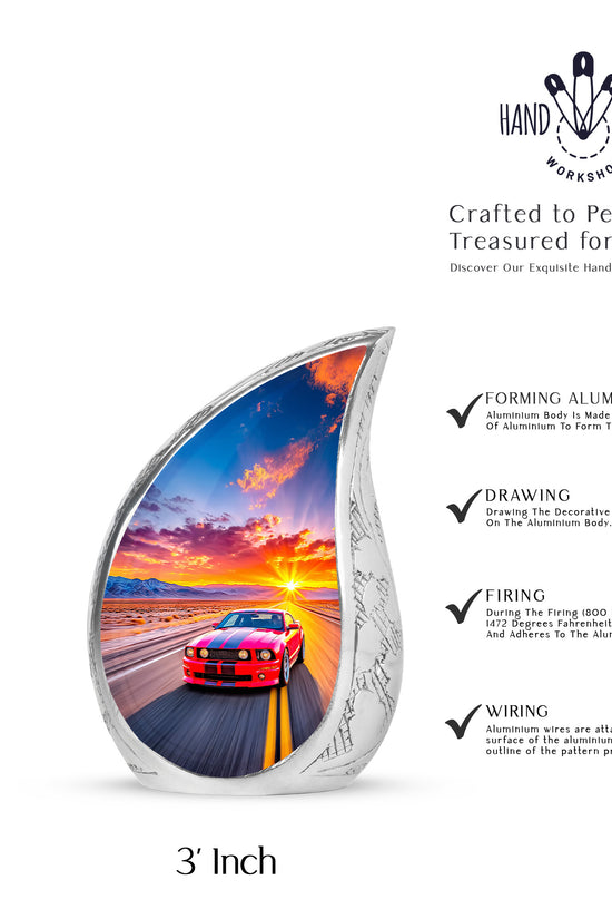 Rose Pink Car Cremation Urn angled view of lid and engraved motif - rounded teardrop car design with delicate detail - mini keepsake memorial for portion of cremation ashes
